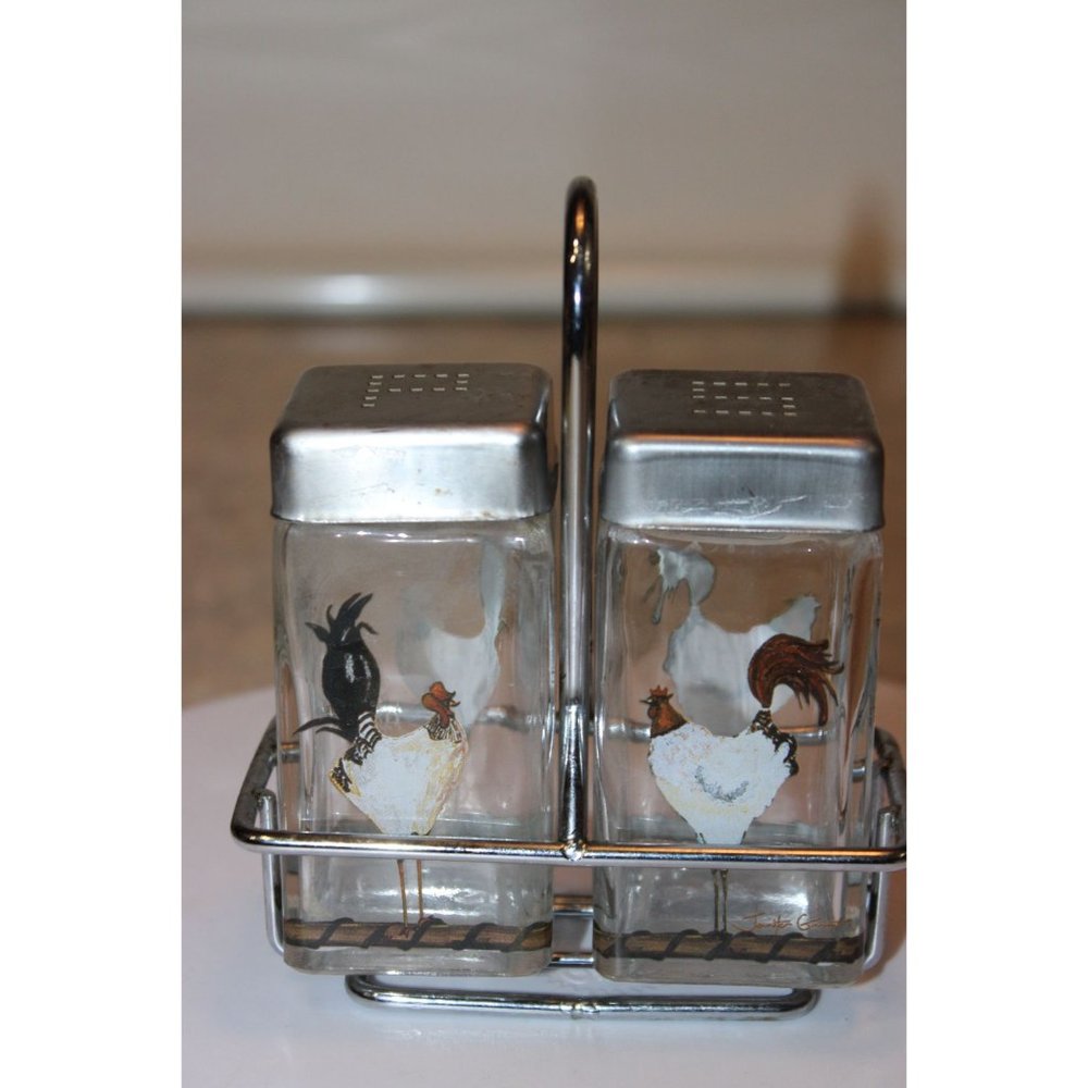 Salt & Pepper Shakers - Square Glass with Chickens Metal Stand